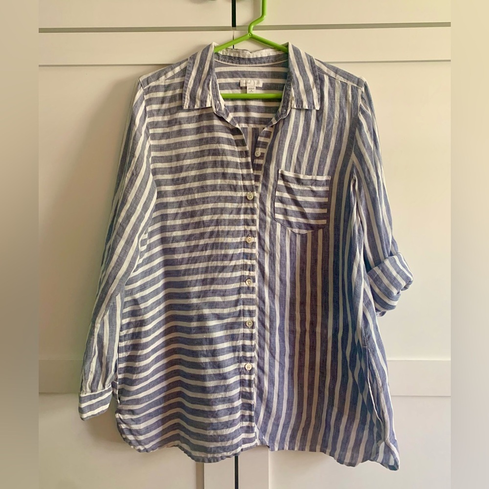 J Jill Blue & White Striped Love Linen Shirt, size Medium